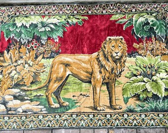 Vintage Tapestry Wall Hanging lion 1970's  boho retro decor animals 70x48”