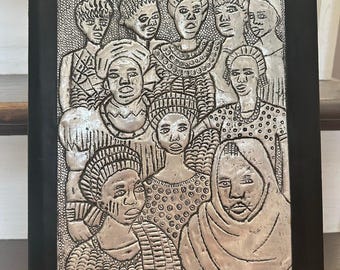 Metal lather box artwork art textured embossed Yoruba metal relief Nigeria black silver metal 14x10” ethnic handmade
