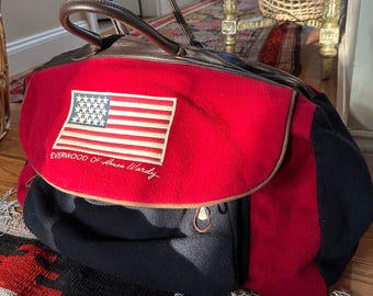 Vintage wool duffel Everwood, Catherine Painvin brown leather amen wardy red blue American flag travel France aspen large