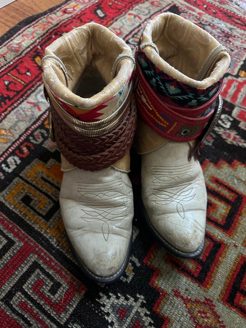 Upsicled cowboy boots boho bohemian booties feather reworked sz 8 free people ivory western rare unique leather reworked one of a kind woman image 7