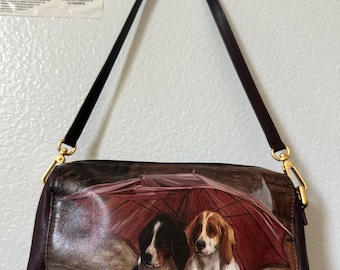 ICON Brown dogs Leather Cavalier dog gold Strap Purse (Sz S) puppies small 5x7”