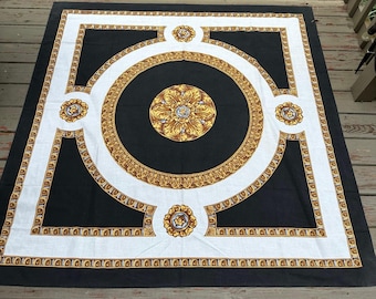 Vintage ECHO tablecloth Black Gold white baroque Medallion 60x63” rare Brazil designer cotton polyester
