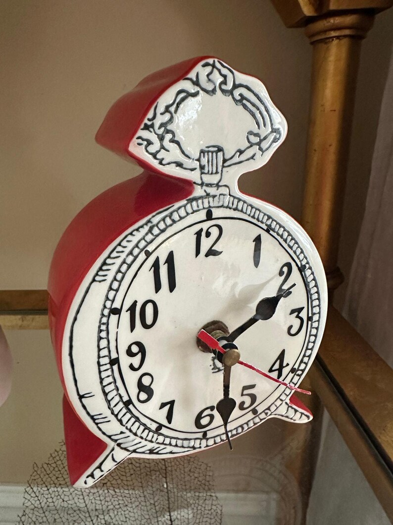 Anthropologie Tick Tock Clock MOLLY HATCH Red Ceramic, White Face image 4