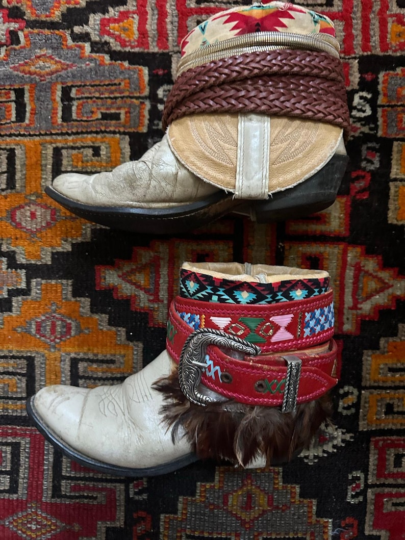 Upsicled cowboy boots boho bohemian booties feather reworked sz 8 free people ivory western rare unique leather reworked one of a kind woman image 4