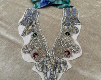 Upcycled Beaded Statement collar necklace Bib handmade cashmere lined boho wearable art jabot boho glam unique one of a kind