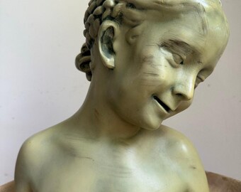 Laughing girl Bust Jean-Baptiste Pigalle 13” green antique style child decor French statue sculpture