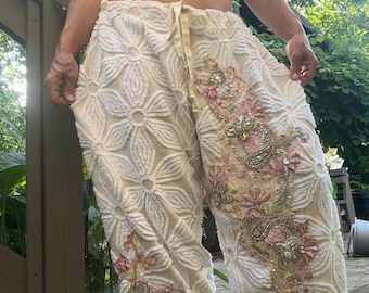 Custom made pants Reworked Boho terry cloth joggers unique bloomers jeweled wearable art pale yellow white one size boho Upsycled statement