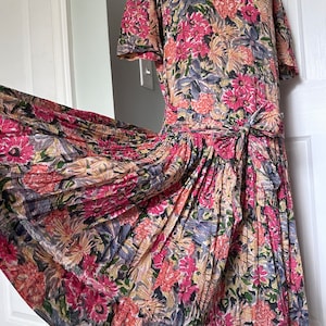Vintage Monsoon Dress Floral Tea party Prairie Watercolor Boho Cottage Pleated Bow Sz 8 hip tie bow retro romantic