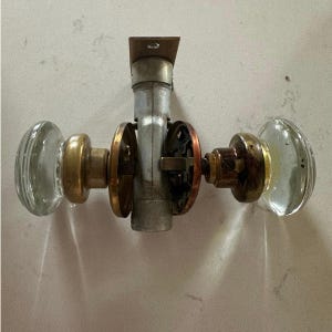 Vintage Antique Smooth Glass Beveled Edge Door Knobs w/ Rosette Brass Collar