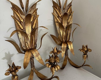Vintage Wheat Sheaf Gold Metal Wall 2 arm Candle Sconces Italy Hollywood regency mid-century set pair wall hanging