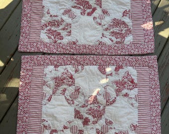 French country Toile quilted pillow shams red white reversible standard set 2