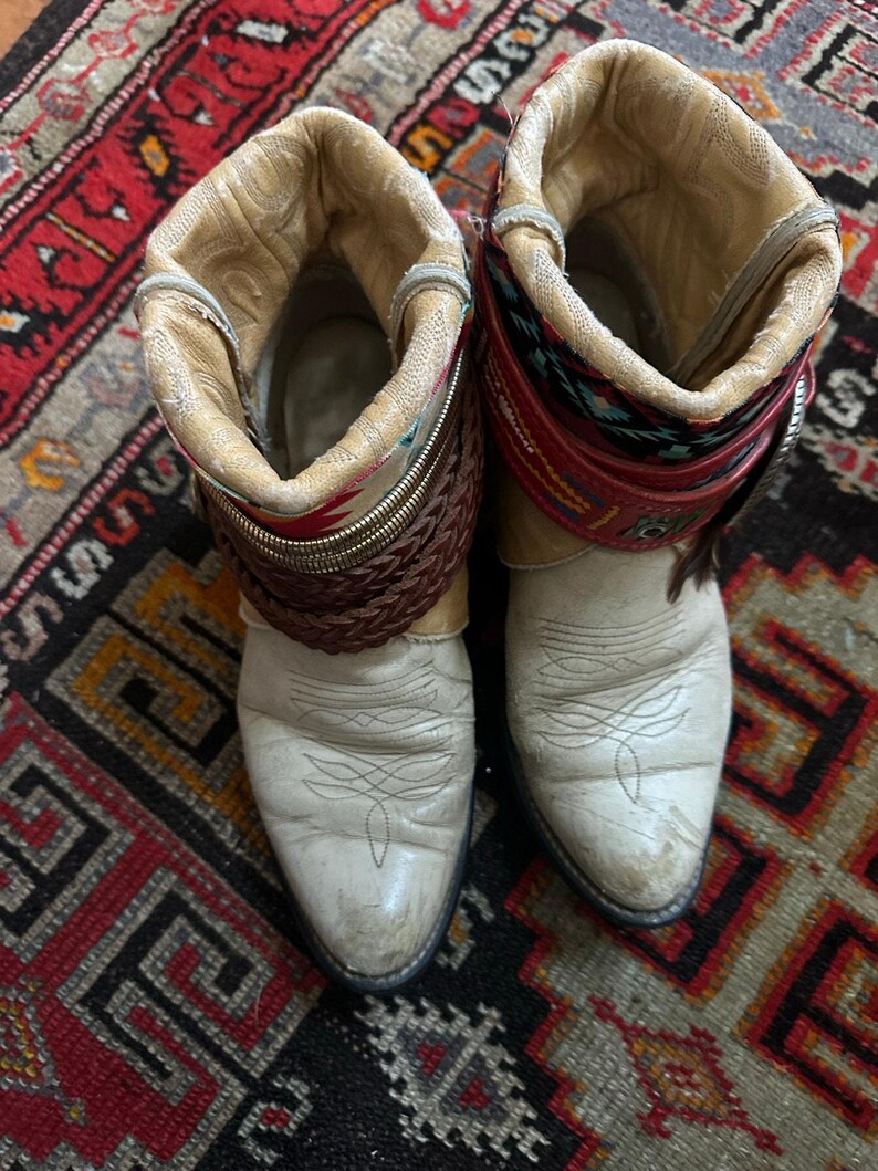Upsicled cowboy boots boho bohemian booties feather reworked sz 8 free people ivory western rare unique leather reworked one of a kind woman image 19