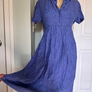 Vintage April Cornell shirt dress purple jacquard midi back tie short sleeved, size small, back ties, made in India,  handwash or dry clean