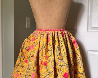Handmade skirt fun summer party full floral embroidered knee length elastic wast one of a kind from Indian fabric one size xs/s polyester xs