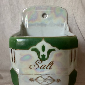 Salt Container Hanging – Victoria China – Czechoslovakia Luster Ceramic Green