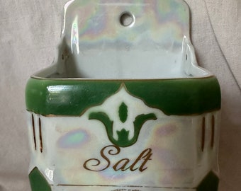 Salt Container Hanging – Victoria China – Czechoslovakia Luster Ceramic Green