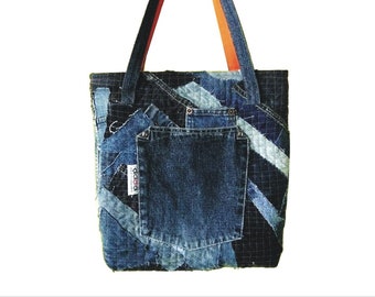 Used denim handbag / Denim patchwork bag / Jeans patchwork -  日本