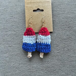 Handmade Cotton Red, White & Blue Popsicle Earrings – Patriotic Crochet Earrings for Summer and 4th of July