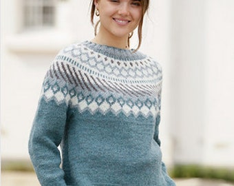 May include: A teal blue knitted sweater with a white, gray, and brown geometric pattern around the neckline.