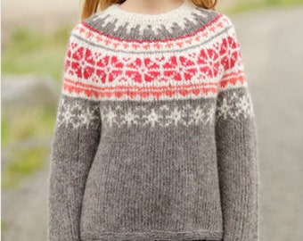 Suéter de punto a mano de mujer Suéter/Jumper noruego con chaqueta raglán con yugo redondo y patrón nórdico