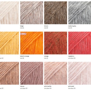 Puede incluir: Una carta de colores de muestras de hilo en varios tonos de blanco, beige, marr&oacute;n, gris, amarillo, naranja, rojo y rosa. El hilo est&aacute; dispuesto en filas y columnas, con cada muestra etiquetada con el nombre de su color y el n&uacute;mero de mezcla.