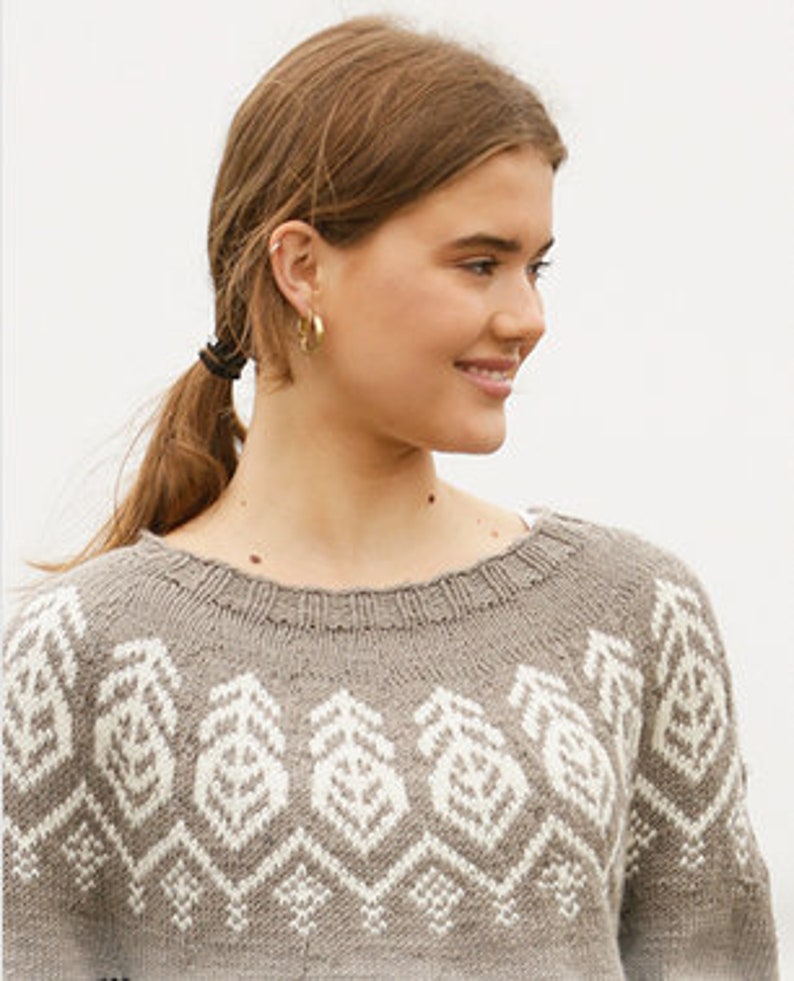Puede incluir: Un su&eacute;ter de punto gris con un patr&oacute;n geom&eacute;trico blanco. El su&eacute;ter tiene un cuello redondo y mangas largas.