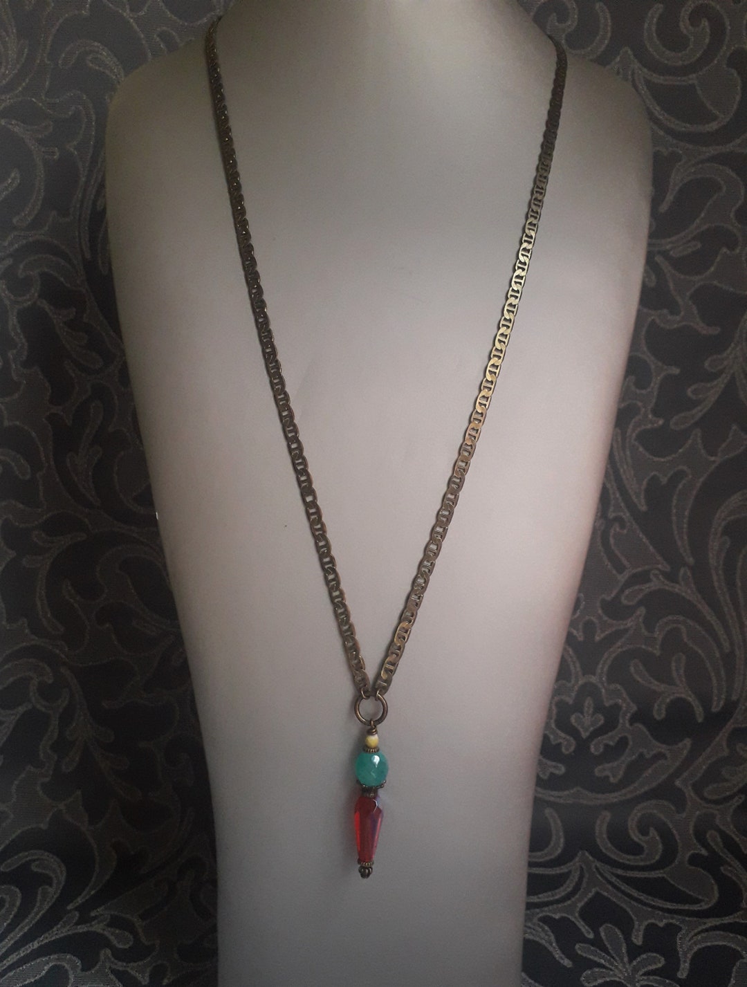 Orisha Red and Turquoise Blue Glass and Brass Necklace - Etsy UK
