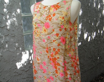 Vintage linen dress floral VTG 60s shift sleeveless summer dress beige pink boho cottagecore vacation M