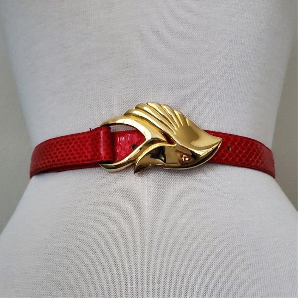 Vintage red leather gold hardware waist belt western art deco boho snake Small Vintage Red Leather Gold Hardware Waist Belt Western Art  main image 2