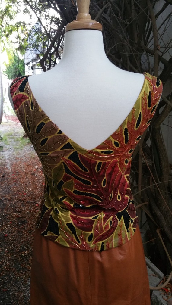 Vintage 60s beaded top backless VTG palm leaves m… - image 3