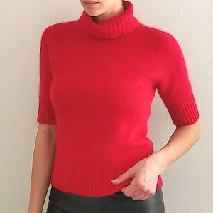 Vintage silk angora fluffy sweater Apostrophe red turtleneck short sleeve top VTG 90s barbiecore Mod Small