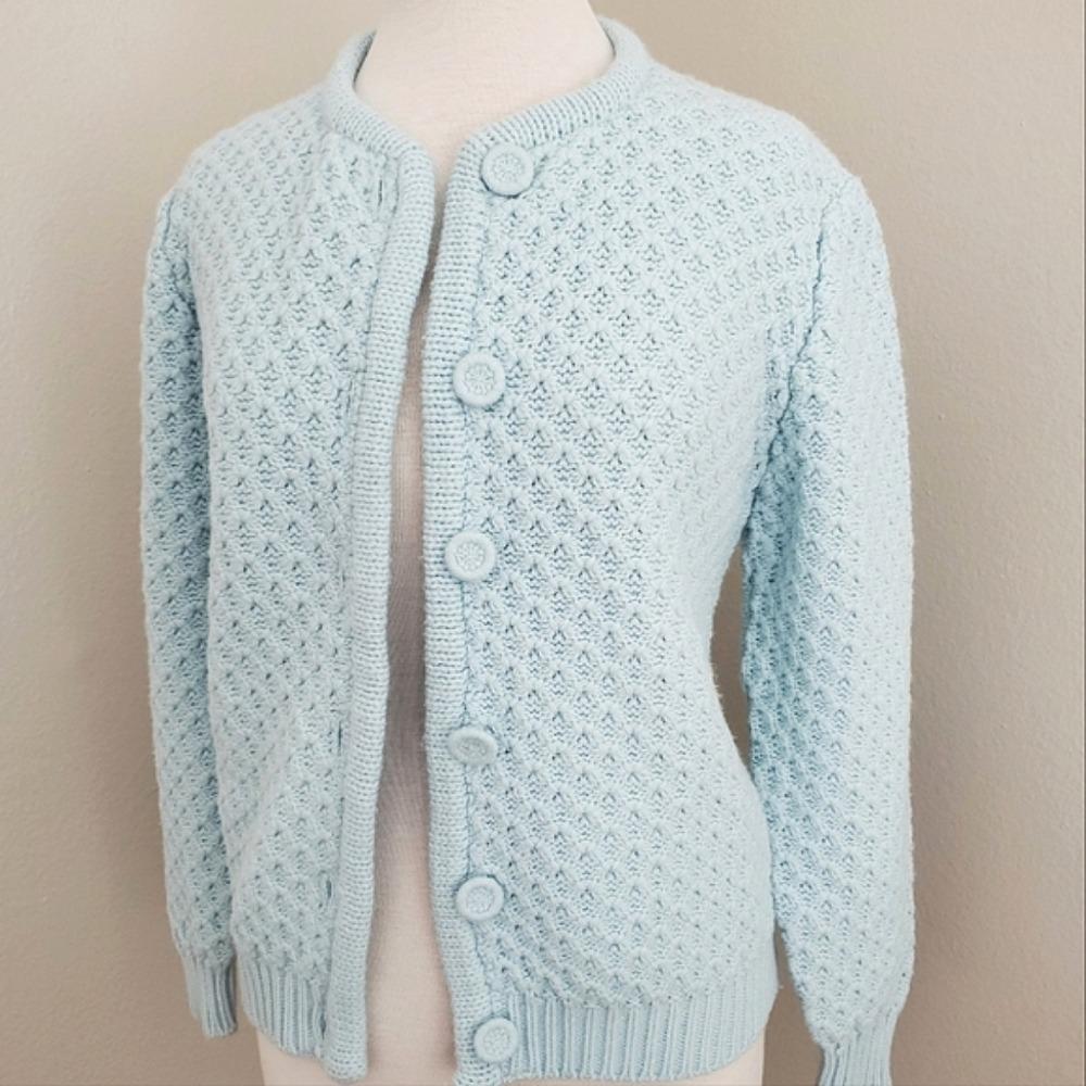 Vintage 50s Nasharr Knit Sweater Ski Cardigan Light Blue Crochet