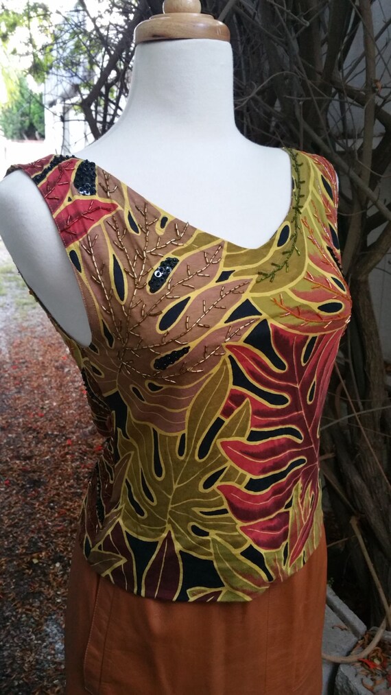 Vintage 60s beaded top backless VTG palm leaves m… - image 5