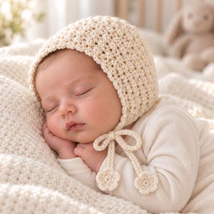May include: A cream-colored crochet bonnet featuring a textured stitch pattern and two dangling ties, each finished with a small crocheted flower at the end. The bonnet is designed to fit snugly around the head and ties securely under the chin.