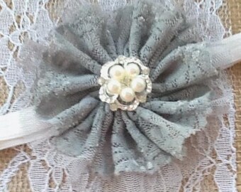 Gray Lace Flower Headband, Pearl Rhinestone Embellished, Adjustable Baby Tulle Bow, baby gift