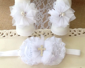 White Baptism Headband Set, White Barefoot Sandals, Cross Headband, White Christening Headband,Baby Dedication Headband Set, Flower Girl