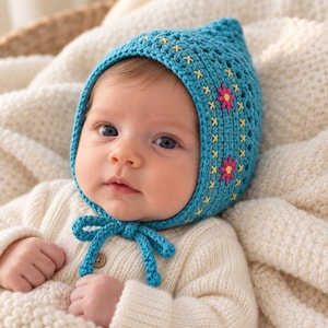 Hand Crocheted Baby Bonnet with Floral Embroidery, Turquoise Newborn Hat, 0–3 Month Baby Gift