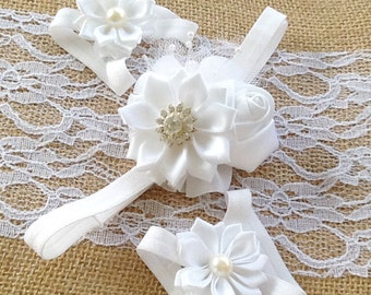 White Baptism Headband Set,White Barefoot Sandals,Baby Girl Headbands,White Christening Headband,Cross Headbands,Baptism/Christening Set