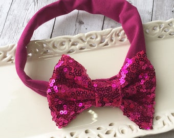 Hoofdband met paillettenstrik, pruimkleurige hoofdbanden, hoofddoek baby, hoofdbanden babymeisjes, hoofdband voor baby, hoofdband babystrik, hoofdbanden met pailletten