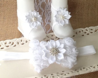 White Baptism Headband Set,White Barefoot Sandals,Baby Girl Bow Headbands,White Christening Headband,Cross Headbands,Baptism/Christening Set