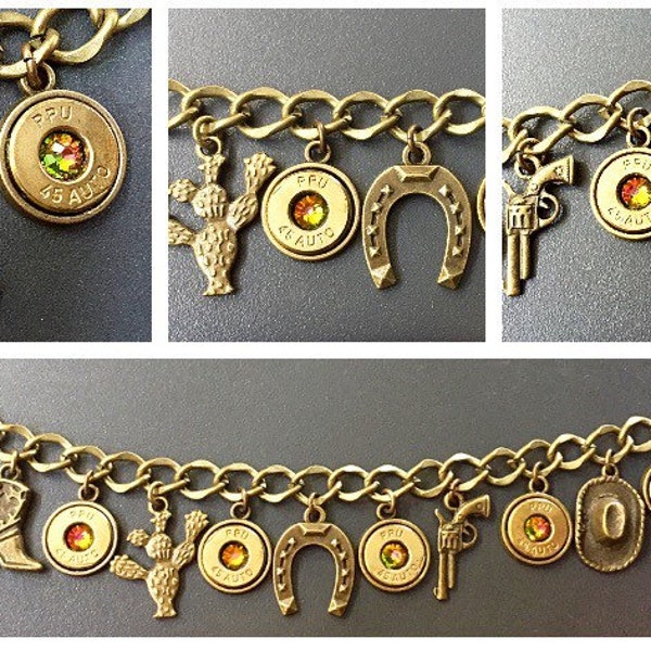 Bullet jewelry. Western style charm bracelet with bullet casings. Hunting jewelry.