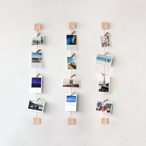 Espositore da parete per foto in legno di frassino con mini mollette da bucato - Portafoto verticale e orizzontale, gancio per opere d'arte Polaroid