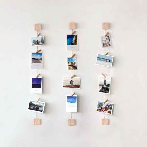 Ash Wood Photo Wall Display with Mini Clothespins - Vertical  Horizontal Picture Holder Polaroid Art Work Hanger