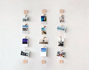 Ash Wood Photo Wall Display with Mini Clothespins - Vertical  Horizontal Picture Holder Polaroid Art Work Hanger