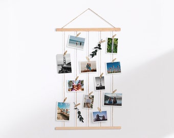 Wall Photo Hanger - 60Cm / Wood Photo Wall Display with Mini Clothespins / Pictures Photos Cards Polaroid Display  / Wall Decor