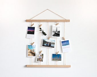 Wooden Photo Hanger - 44Cm / Snapshots Wall Display with Mini Clothespins / Vertical / Polaroid Picture Frame
