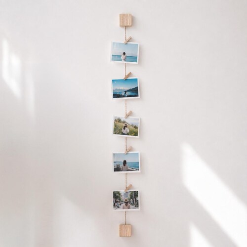Expositor de fotos de madera de fresno con minipinzas para la ropa: colgador vertical/horizontal para cuadros