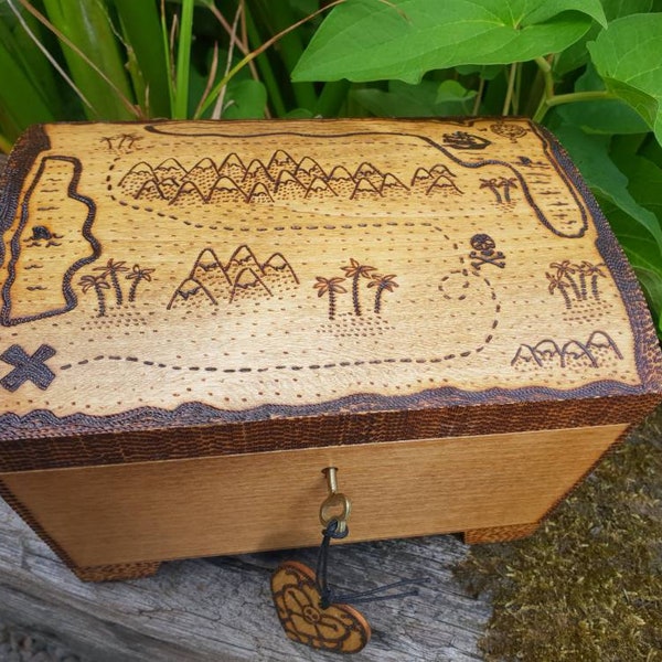 Pirate,  personalised treasure wooden chest with treasure map design with optional davey jones music.