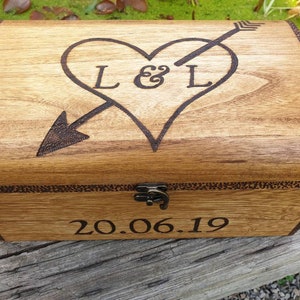 Personalised gift for couples, memory box with love heart design. Wooden chest with initials & special date, valentines or anniversary gift.