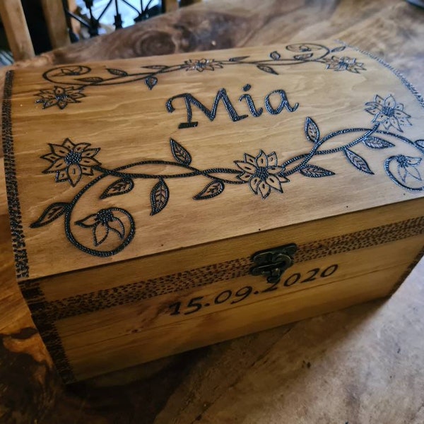 Personalised keepsake, hope chest, large wooden box with floral design. Pretty gift for friend, mother, sister or girlfriend.